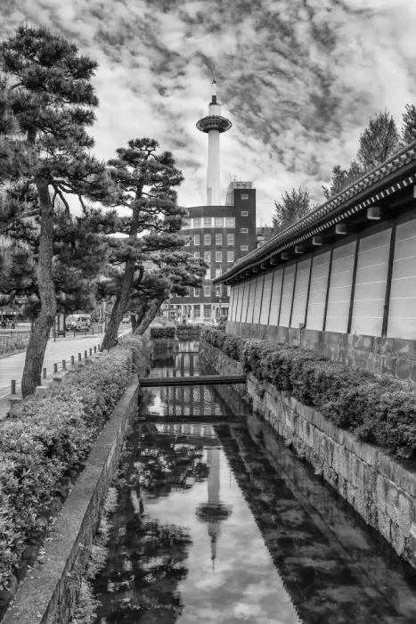 Viola, Melanie: Kyoto Tower si riflette nel fossato di Higashi Hongan-ji | monocromatico