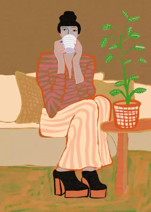 Bursic, Sharyn: Lady having coffee Woman Sitting with pot plant