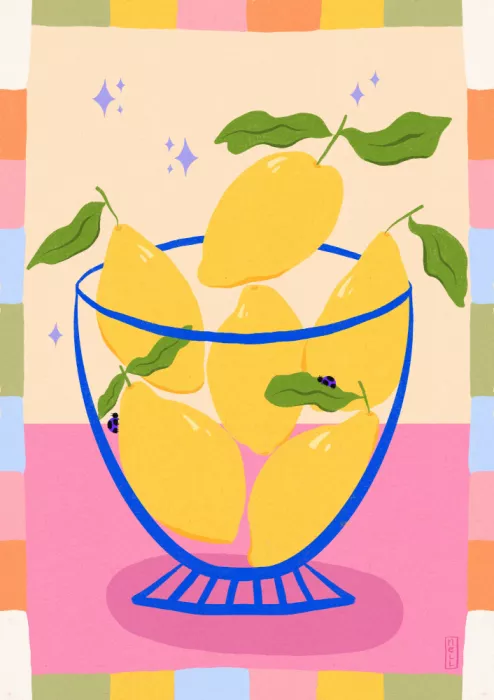 Nell, Dirkie: Lemons in a Bowl Retro Illustration with Colorful Frame