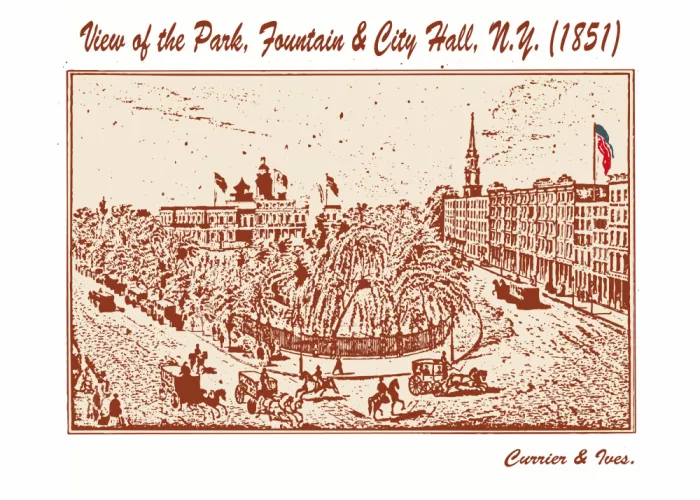 Project, Doa: Ansicht des Parks, des Brunnens und des Rathauses, New York 1851 von Currier & Ives