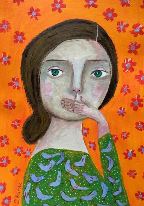 Bursic, Sharyn: Speak no Evil Lady with hand over mouth.