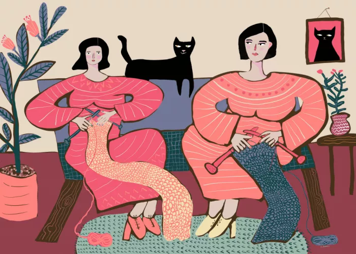 Bursic, Sharyn: Women knitting on couch with black cat