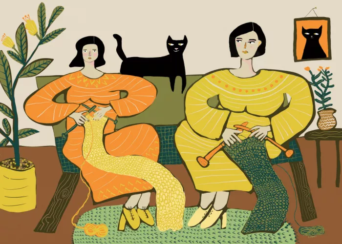 Bursic, Sharyn: Femmes tricotant sur un canapé avec un chat noir