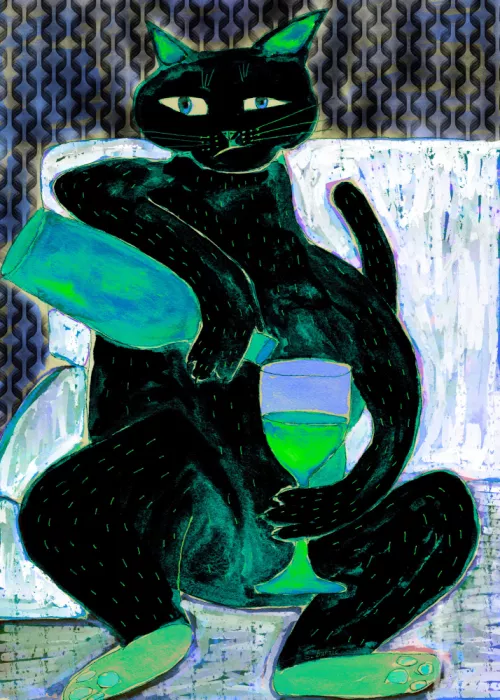 Bursic, Sharyn: Große schwarze Katze trinkt Wein