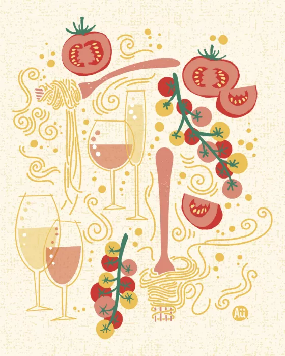Ueno, Aia: Pasta Paradise [ivory] Tomato and Wine – Playful Italian Pasta Illustration