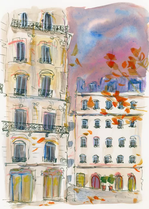 Puritscher, Katharina: Esquina de calle parisina con cielo púrpura