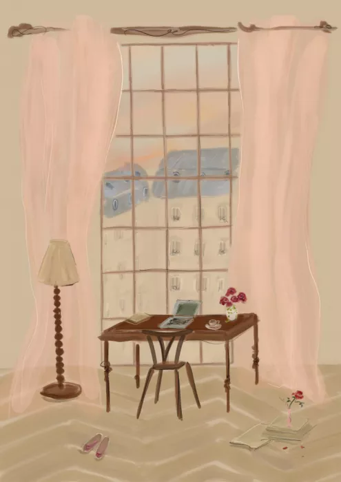 Puritscher, Katharina: Paris Window View Illustration with Rustic Desk