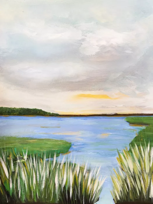 Studio, Megan Breanna: Laguna dorata al tramonto - Dipinto di paesaggio