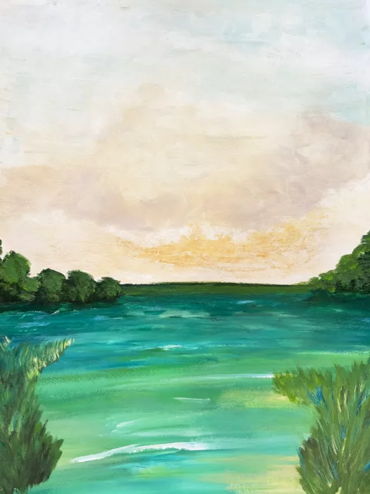 Studio, Megan Breanna: Paesaggio della Laguna dal Cielo Dorato