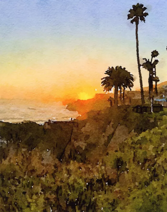 Studio, Megan Breanna: Tramonto sulle scogliere Paesaggio ad acquerello