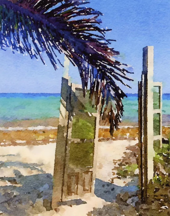 Studio, Megan Breanna: Paisaje de playa con hoja de palma en acuarela