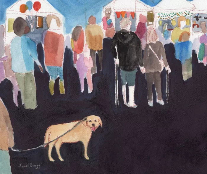 Bragg, Janel: People and Golden Lab At Street Fair