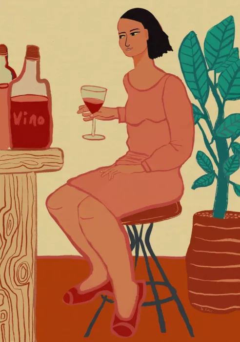 Bursic, Sharyn: Lady sitting with wine
