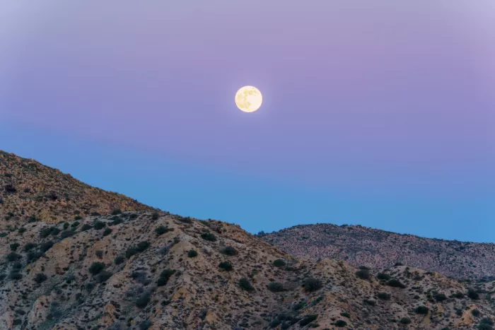 Windeknecht, Tom: Luna llena fría como superluna sobre las montañas del desierto de Mojave en California