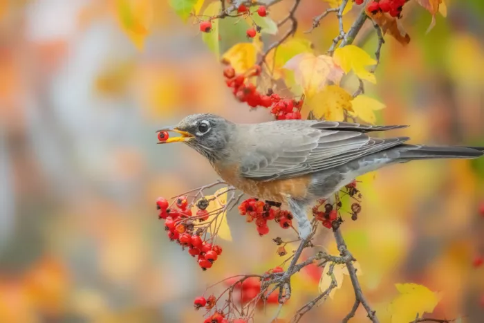Lipinghu: The robin had a red berry in its beak.