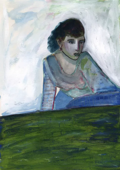 Bursic, Sharyn: Portrait of a woman sitting outside figurative