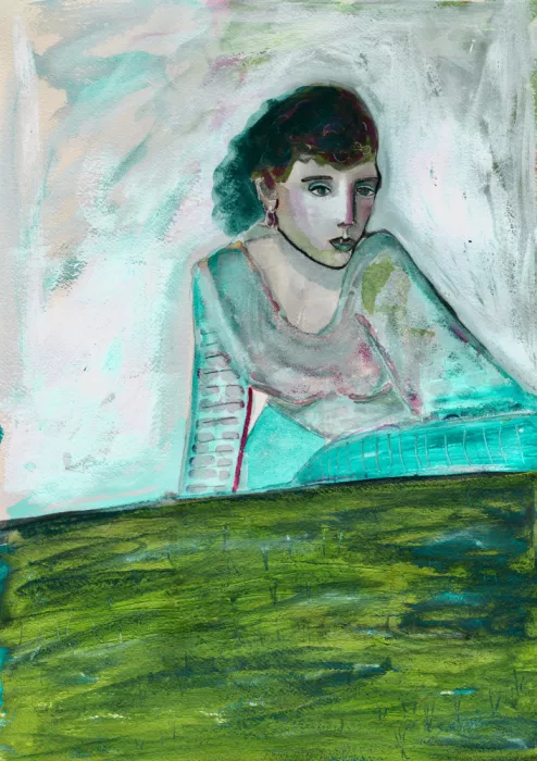 Bursic, Sharyn: Portrait of a woman sitting outside figurative