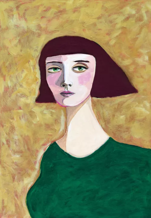 Bursic, Sharyn: Expressives Porträt einer Dame mit Bubikopf und grünen Augen