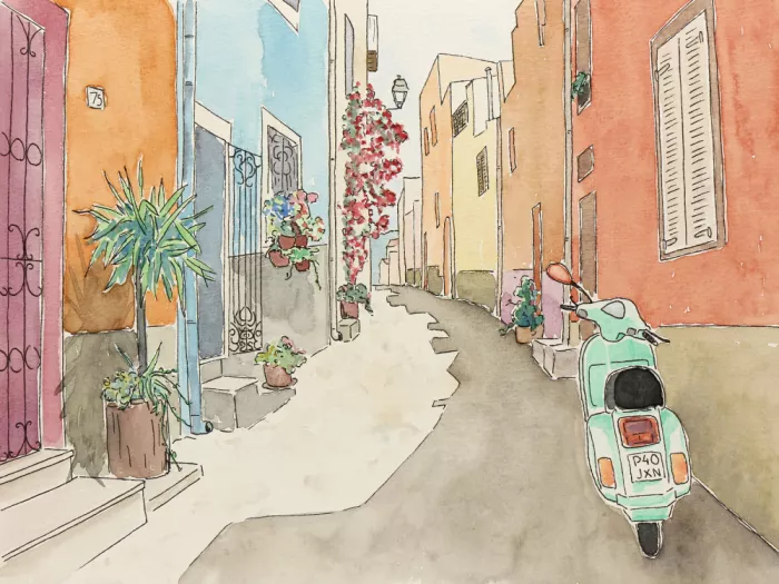 Bruns, Natalie: Scooter verde en una estrecha calle mediterránea