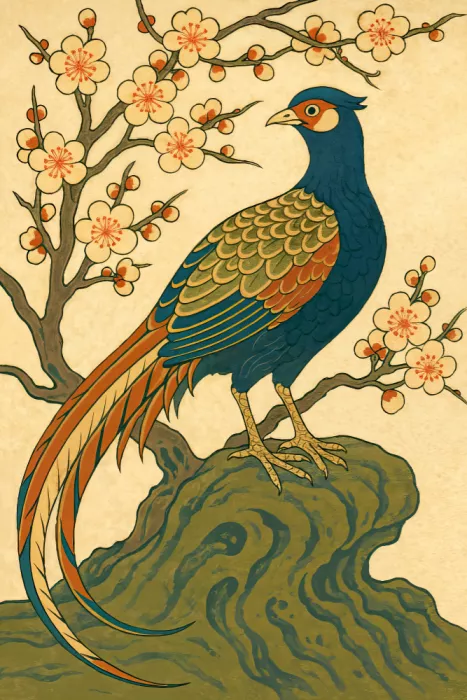 Bruns, Natalie: Bažant v stylu Ukiyo-e s květy švestně