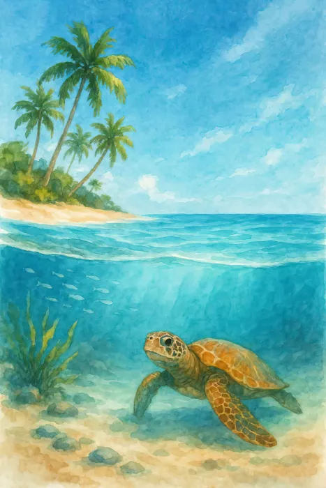 Bruns, Natalie: Tortuga marina bajo el agua e isla de palmeras con playa en la superficie