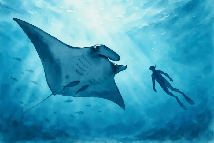 Bruns, Natalie: Esnórquel subacuático con una manta raya en océano tranquilo