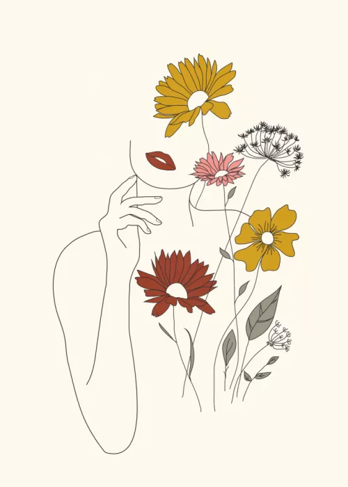Nadjaa: Colorful Thoughts Minimal Line Art Woman With Flowers
