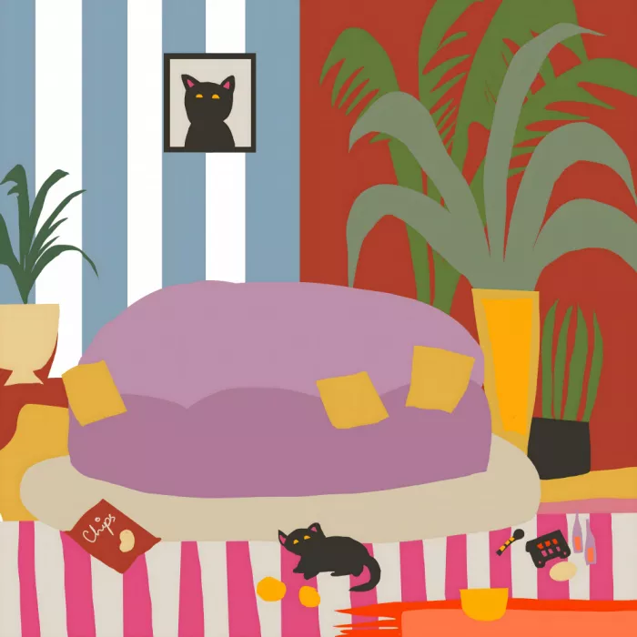 George, Josie: Scandinavian Striped cat home with rugs