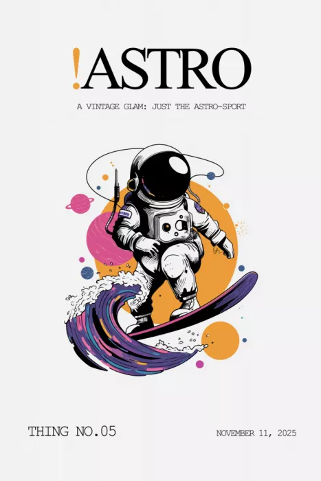 Kulik, Rafal: Astronauta surfeando una onda cósmica en una tabla de surf, ilustración de estilo retro