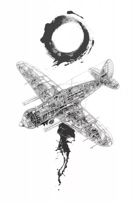 Kulik, Rafal: Detaillierte Konstruktionszeichnung eines Vintage-Flugzeugs mit Tintenspritzern und Zen-Kreis