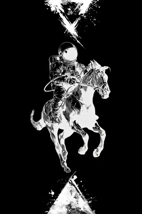 Kulik, Rafal: Astronaut na koni v surrealistické, abstraktní černobílé ilustraci