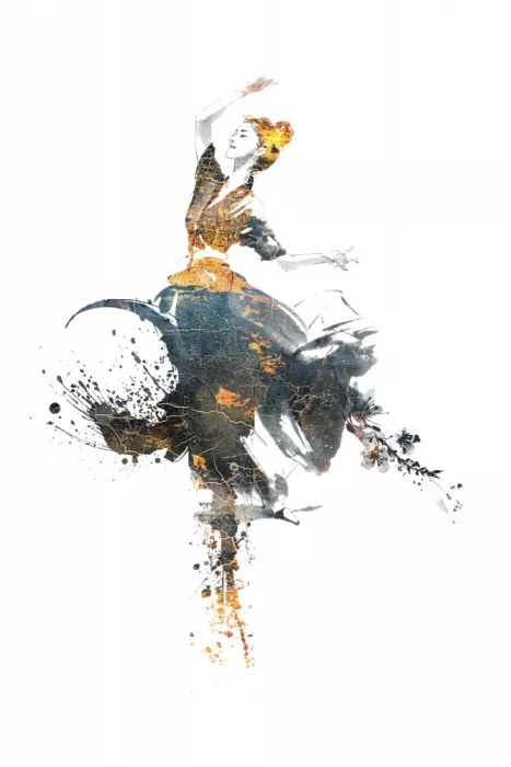 Kulik, Rafal: Elegante dipinto ad acquerello di una ballerina in movimento con elementi astratti texturizzati