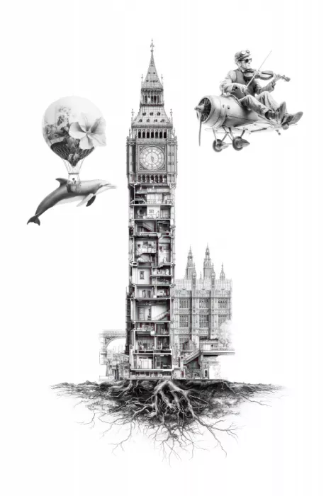 Kulik, Rafal: Surrealistische Illustration von Big Ben mit Querschnitt von Räumen und Wurzeln sowie fantastischen Elementen