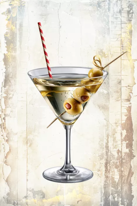 Kulik, Rafal: Martini classico con olive e cannuccia a righe su sfondo strutturato
