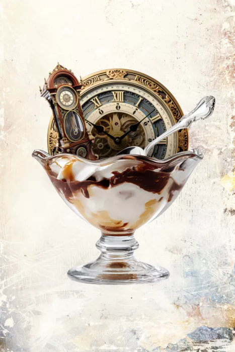 Kulik, Rafal: Steampunk ice cream sundae with antique grandfather clock and ornate clock face