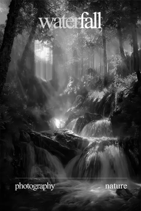 Kulik, Rafal: Dramatischer Schwarzweiß-Waldwasserfall mit Sonnenstrahlen, die durch die Bäume filtern