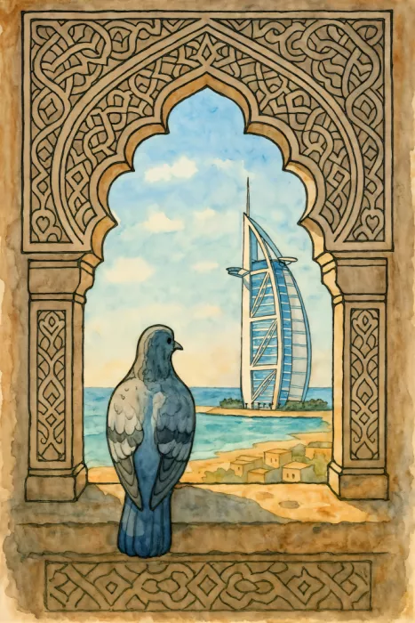 Bruns, Natalie: Holub u islámského okna s výhledem na Burj Al Arab
