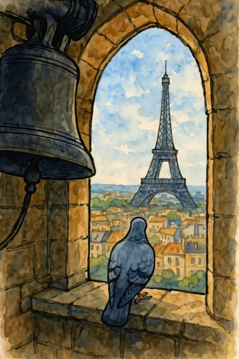 Bruns, Natalie: Paloma en la torre del reloj gótica con vistas a la Torre Eiffel