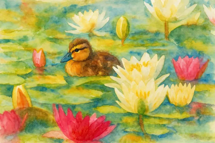Bruns, Natalie: Friedliches Entenküken schwimmend durch leuchtende Lotusblüten