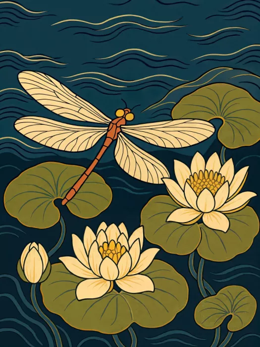 Bruns, Natalie: Libelle über Lotusblüten im japanischen Ukiyo-e-Stil