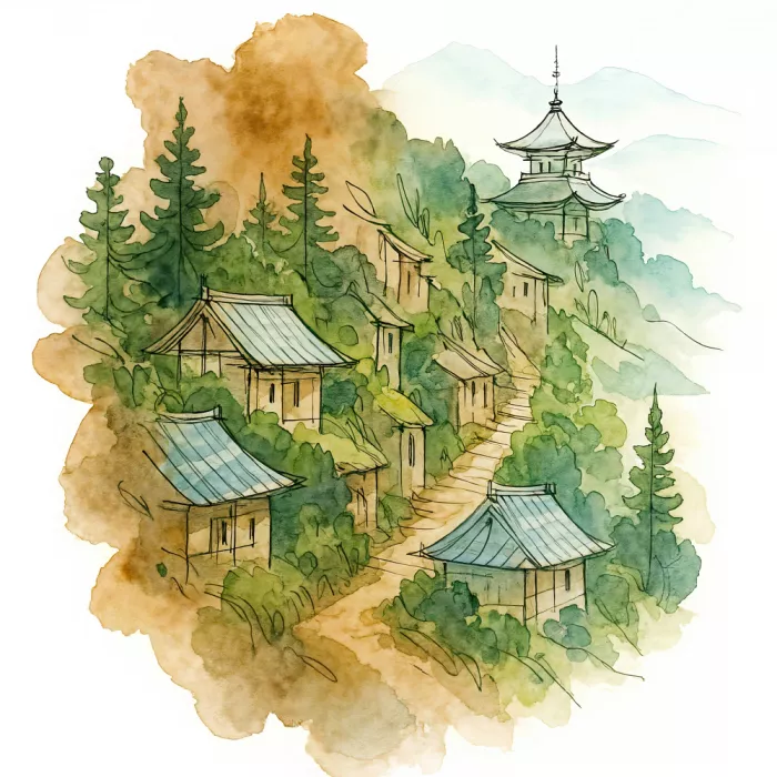 Bruns, Natalie: Pueblo de montaña con templo en Japón