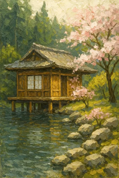 Bruns, Natalie: Casa de té japonesa en el agua con árbol de cerezo en flor