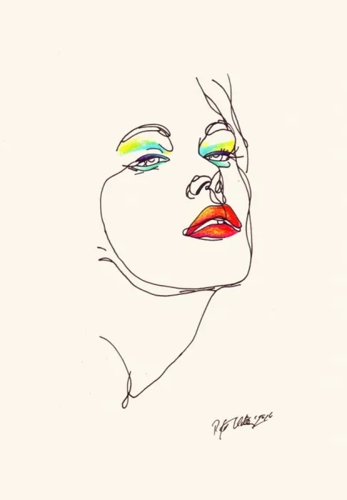 Kulik, Rafal: Minimalist line art portrait of a woman with vibrant eyeshadow and bold red lips