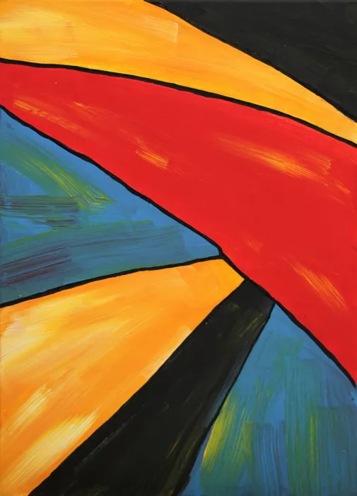 Kulik, Rafal: Peinture géométrique abstraite aux formes audacieuses rouge, jaune, bleu et noir