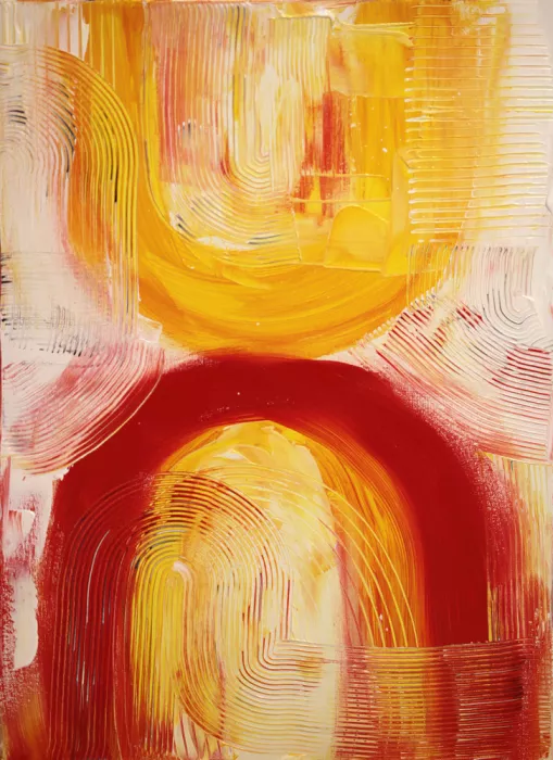 Kulik, Rafal: Peinture abstraite vibrante avec des textures rouges et jaunes audacieuses et des lignes courbes