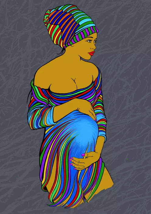 Kaminski, Carlo: #Mother26 Expectant Mother with Headwrap and Dress in African Colours on grey
