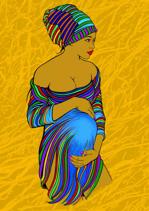 Kaminski, Carlo: #Madre26 Madre embarazada con pañuelo y vestido en colores africanos sobre amarillo