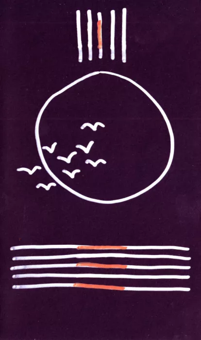 Kulik, Rafal: Art abstrait minimaliste avec un cercle, des oiseaux et des lignes sur fond sombre
