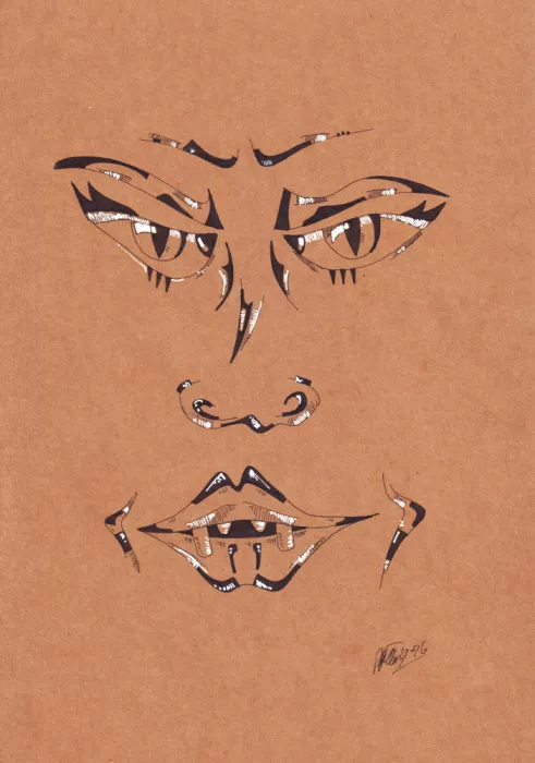 Kulik, Rafal: Intense abstract face drawing with sharp lines and dark shading on brown paper