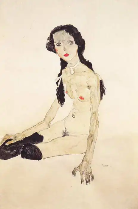 Schiele, Egon: Sedící dívka s copem